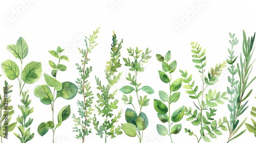 watercolor seamless border collection garden herbs leaves branches isolated on white botanic illustration