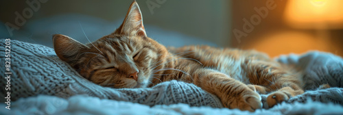 Cute Orange Tabby Cat Sleeping Comfortably on a Cozy Blanket in Warm Evening Light