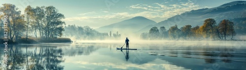 Paddleboarding on a calm lake, peaceful and adventurous