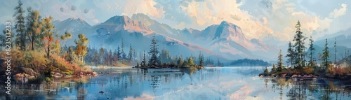 Scenic mountain lake, summer reflections, serene and detailed