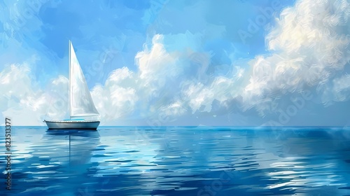 serene sailboat on calm blue sea horizon in the distance digital painting