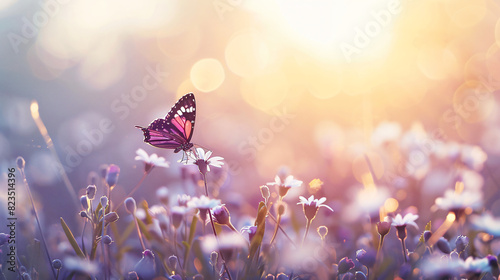 Purple butterfly flies over small wild white flowers i