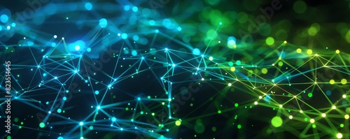 Abstract digital network, futuristic technology background with blue and green connections, representing data and communication flow.