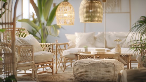 Cozy modern rattan living room interior, Warmly lit interior showcasing contemporary design with rattan furniture and stylish decor