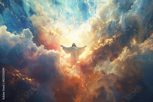 Heavenly Ascension of Christ Embraced by Divine Light and Glorious Celestial Atmosphere:A Powerful and Transcendent Depiction of the Spiritual Realm and the Divinity of Jesus