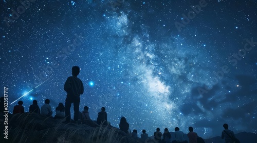 Depict a stargazing event at a national park, with people gathered to watch a meteor shower under the guidance of an expert, Close up