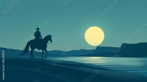 Illustration of cowboy rides horse along riverbank under full moon in desert at dusk.