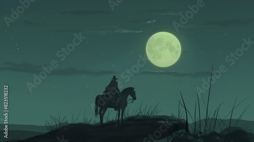 Illustration of lone cowboy rides horse under full moon in desert nightscape.