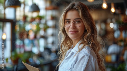A casually dressed young woman with glasses smiles in a café environment, possibly a waitress