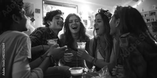 A group of young people gathered around a table. Suitable for social gatherings