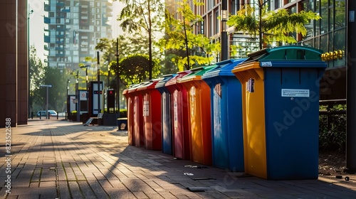 Photo plastic garbage containers for sorting, separate garbage and trash collection. The problem of ecology, waste recycling, waste disposal, reusable use, recyclables use, consumer culture.