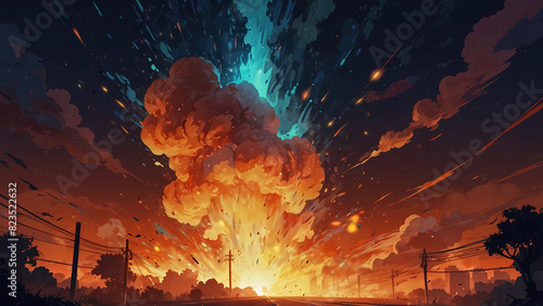 Epic anime style nuclear explosion background, cartoon blast with smoke clouds, fire and particles.