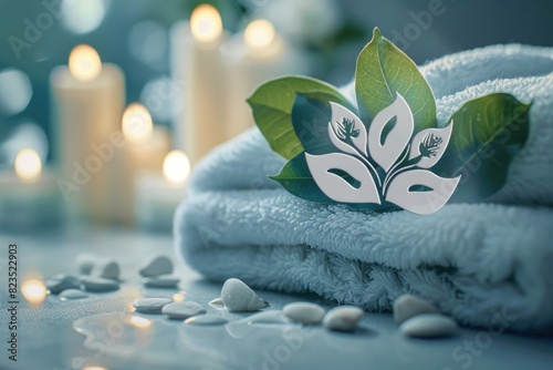 A towel with a leaf on top. Perfect for spa or nature-themed designs