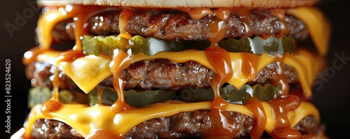 Close-up of a mouthwatering multi-layer cheeseburger with juicy beef patties, melted cheese, pickles, and drizzled sauce.