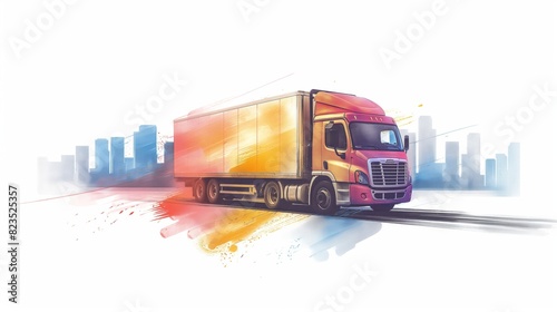 Vibrant painted truck driving through cityscape isolated on white background.