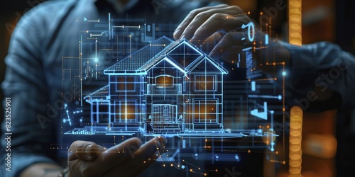 In a futuristic setting, a business expert evaluates holographic home projection amidst a rising graph, bathed in blue and white light. Ideal for digital real estate marketing.