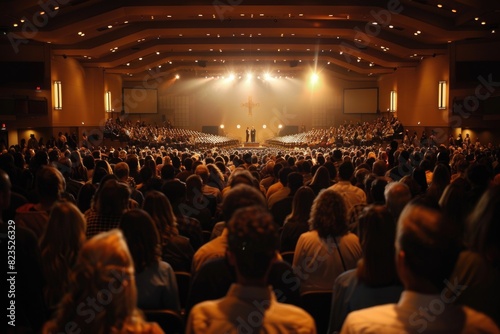 A large crowd of people in a large auditorium. Suitable for events or presentations