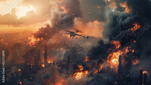 Aerial view of a city engulfed in flames. Suitable for disaster or apocalypse themed projects