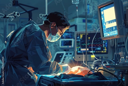 A compelling 2D illustration of a doctor in the final stages of a successful heart surgery. The doctor, fully focused and composed, is seen suturing the patient's chest with utmost precision. The