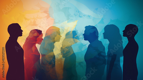 Vibrant Silhouettes in Conversation - Multiple Exposure of Colored Profiles Sharing Dialogue in a Crowded Setting