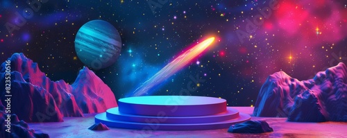 Colorful pop-art styled space landscape with planets and shooting star