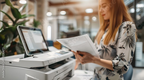 Office worker print paper on multifunction laser printer. Document and paperwork. Secretary work. Woman working in business office. Copy, print, scan, and fax machine. Print technology 