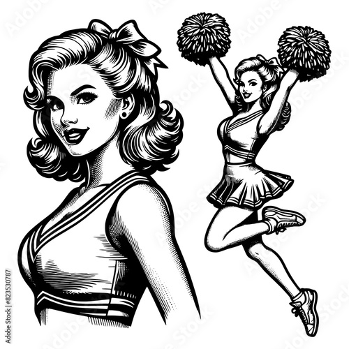cheerleader in classic pin-up pose with pom-poms and a playful expression sketch engraving generative ai fictional character PNG illustration. Scratch board imitation. Black and white image