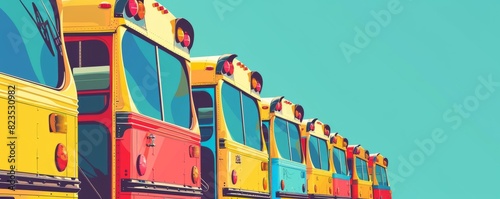 Colorful row of retro school buses in a pop-art style against a bright blue sky