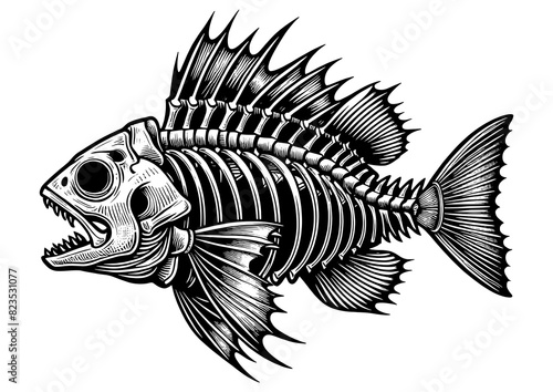 fish skeleton, showcasing intricate bone structure and sharp teeth sketch engraving generative ai PNG illustration. Scratch board imitation. Black and white image.