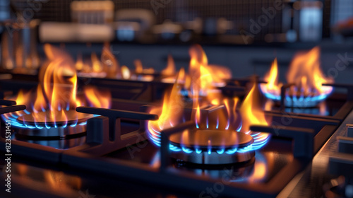 The precision of modern culinary technology on display as flames dance beneath the controlled heat of a gas stove in a stylish kitchen.