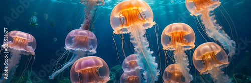 A serene underwater scene of orange jellyfish swimming with tentacles trailing behind