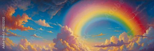 An expansive panoramic image of a bright rainbow arcing across a sky filled with fluffy clouds and glowing light