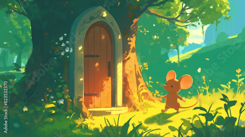 Personagem de rato fofo na frente de uma porta na árvore na floresta verde