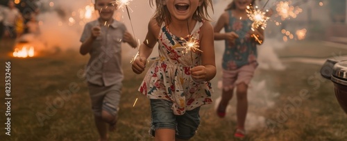 Children running around with sparklers in a backyard, laughter and excitement, barbecue smoke wafting in the air, fireworks creating a magical atmosphere, family fun