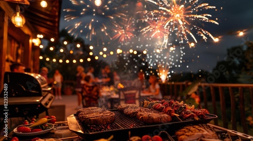 Festive backyard barbecue party at night with fireworks, grilled food, and string lights, capturing a joyful summer celebration under the stars.