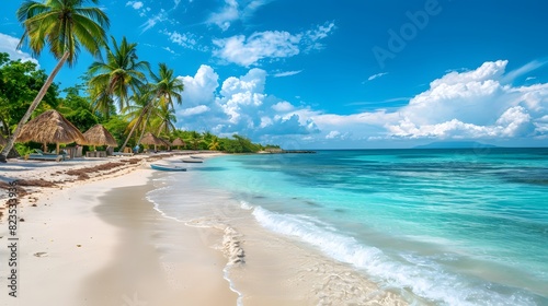 A beautiful tropical beach with white sand, palm trees and thatched huts on the shore. A crystalclear turquoise sea lines up along one side of the sandy expanse. 