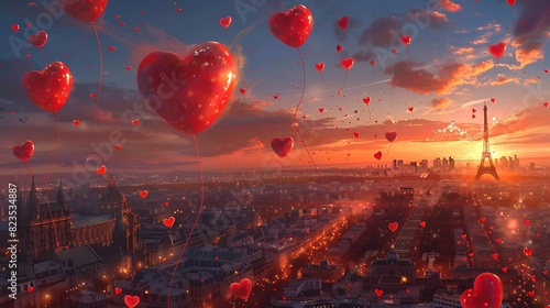a cityscape with red heart balloons floating in the air. The balloons are mostly concentrated in the foreground 