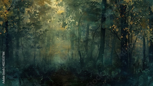 This is a painting of a road going through a forest. The trees are tall and bare, and the ground is covered with leaves. The painting has a dark and moody feel to it.
