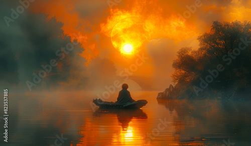 Man rowing boat in the river at sunset