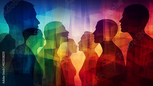 Vibrant Silhouette Profiles of a Chatty Crowd in Multiple Exposure, Engaged in Animated Dialogue and Conversation