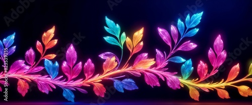 Colorful flowers and leaves vine, continuous abstract floral wallpaper, neon glowing dark background, delicate glass flowers