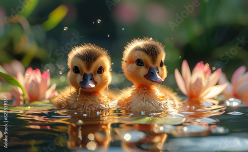 Two cute yellow ducklings are swimming in the water among the pink flowers.