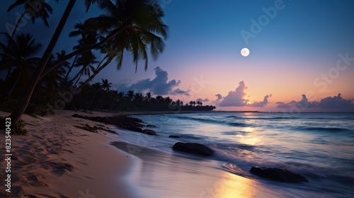 tropical beach at dusk, with the moon rising over the horizon, 