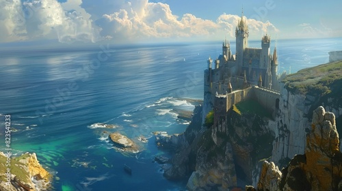 A magical castle perched on a cliff overlooking a vast ocean.