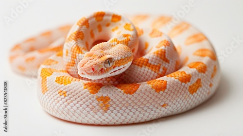 A corn snake with mostly white and some orange scales, coiled on a white surface.