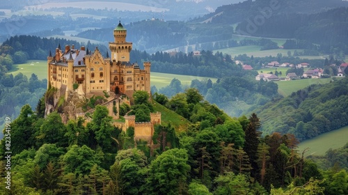 A majestic castle perched on a hill overlooking a picturesque countryside.