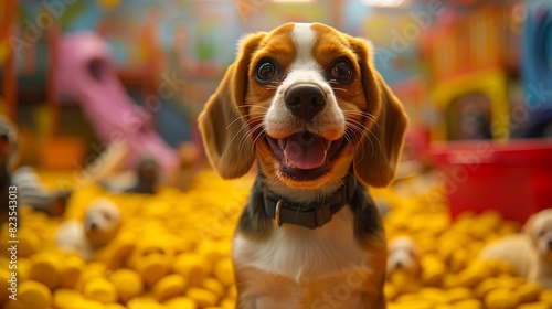 Within vibrant confines of bustling doggy daycare playful beagle named Bailey romps frolics her canine companions her infectious joy and boundless energy bringing smiles to the faces of all who watch