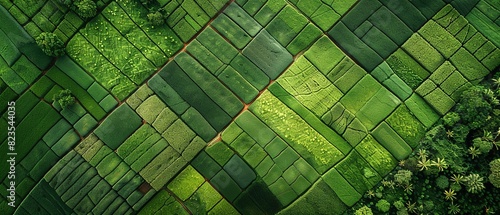 Perceived from above, a lush, green patchwork of agricultural fields depicts the textures and designs that comprise over nature setting and space, Generative AI.