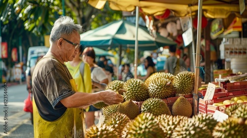 7. A vendor offering samples of durian to customers at a market stall, enticing passersby with the fruit's unique aroma and taste.
