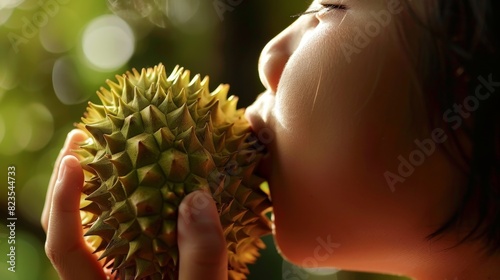 13. Close-up of a person holding a durian fruit up to their nose, inhaling deeply to savor the pungent aroma of the ripe fruit.